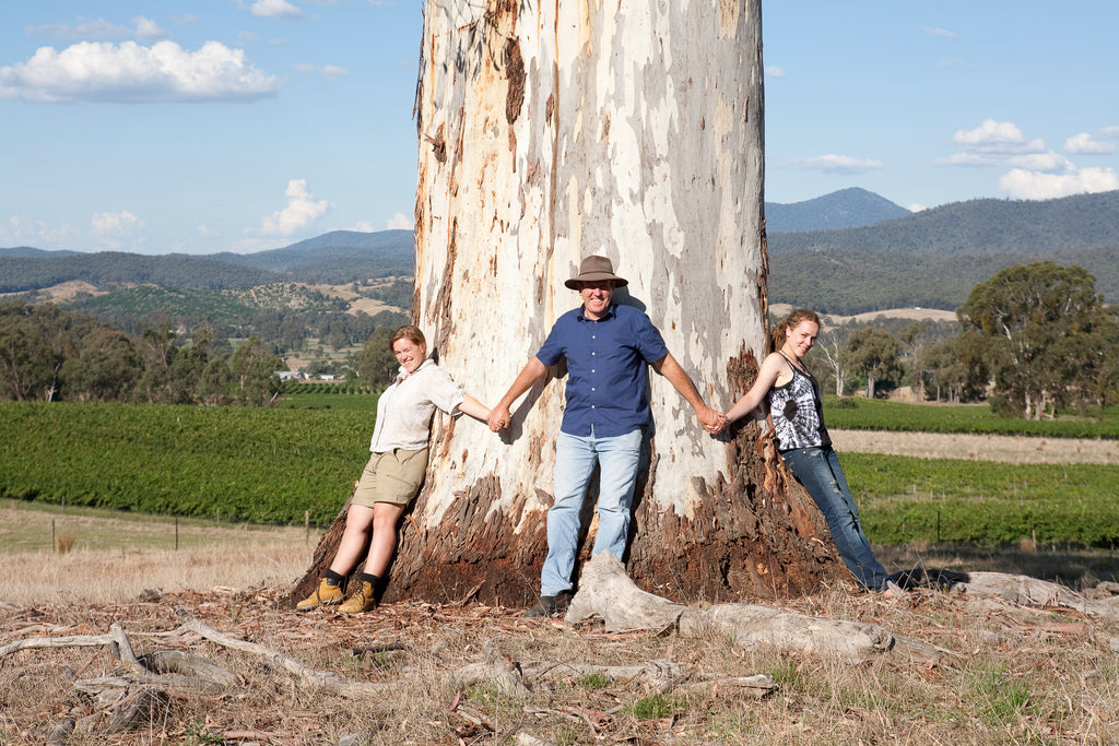 A man and two daughters hold hands around a very large gum tree overlooking the vineyard